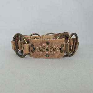 Vintage Brown Distressed Leather O-Ring Studded Statement Belt Size M
