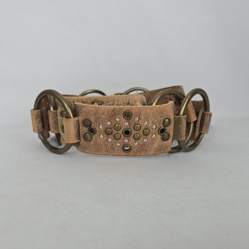 Vintage Brown Distressed Leather O-Ring Studded Statement Belt Size M