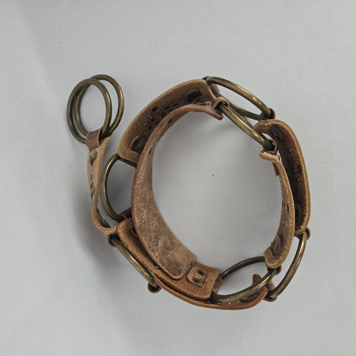 Vintage Brown Distressed Leather O-Ring Studded Statement Belt Size M