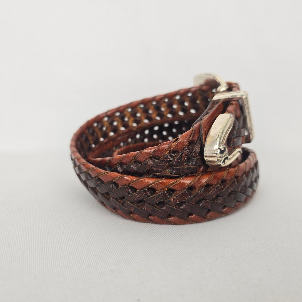 Fossil Brown Genuine Leather Woven Belt with Silver-Tone Buckle