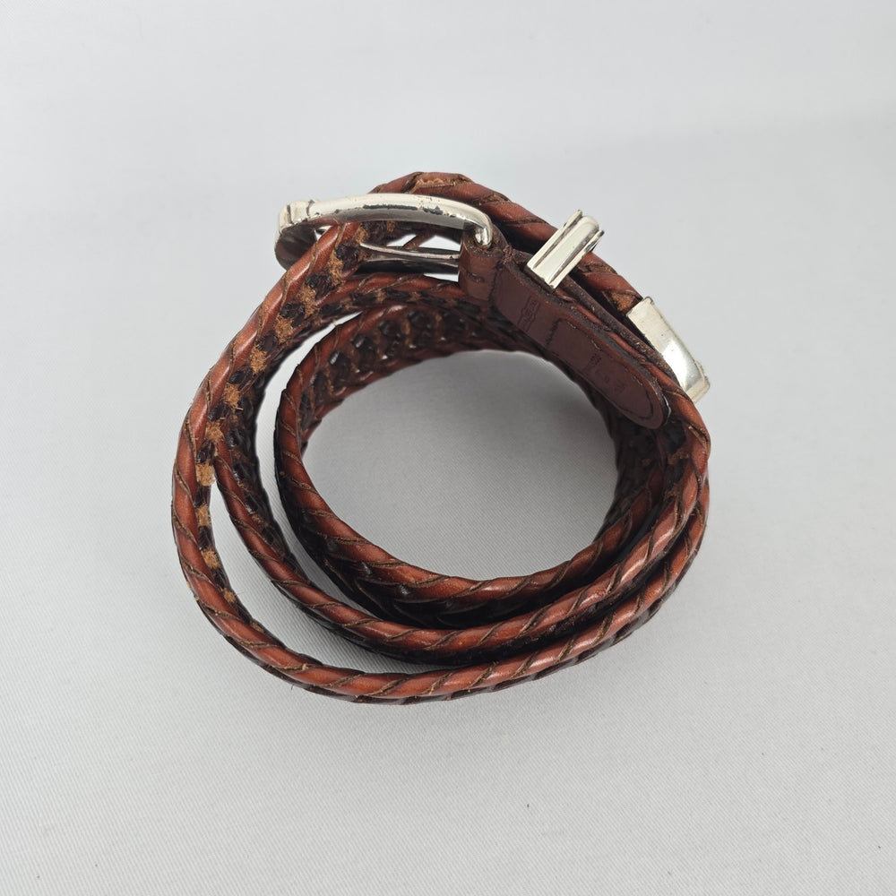 Fossil Brown Genuine Leather Woven Belt with Silver-Tone Buckle