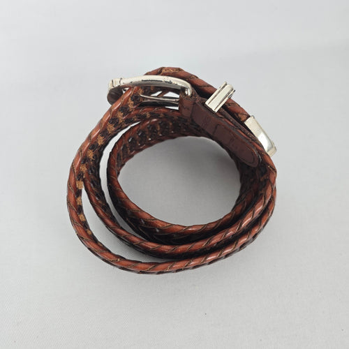 Fossil Brown Genuine Leather Woven Belt with Silver-Tone Buckle