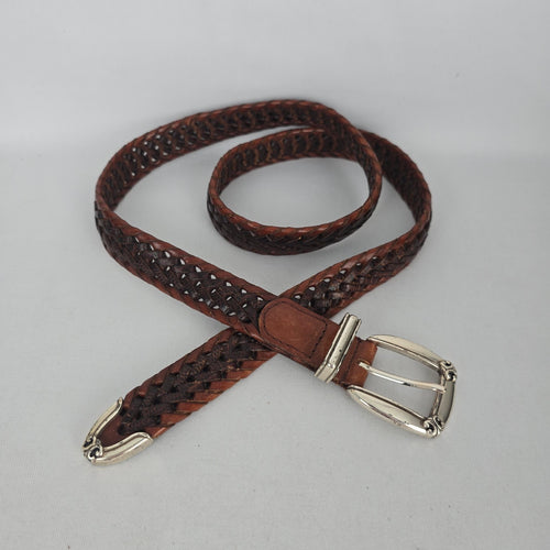 Fossil Brown Genuine Leather Woven Belt with Silver-Tone Buckle