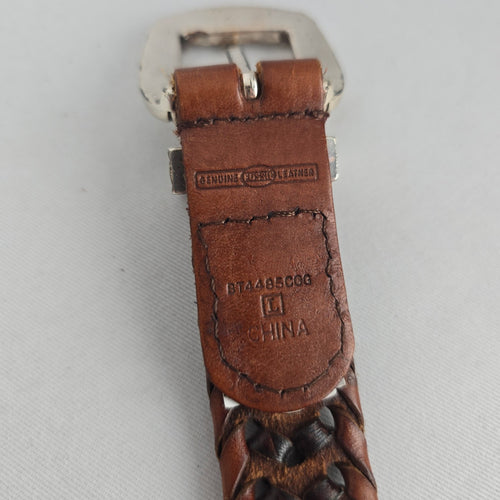 Fossil Brown Genuine Leather Woven Belt with Silver-Tone Buckle