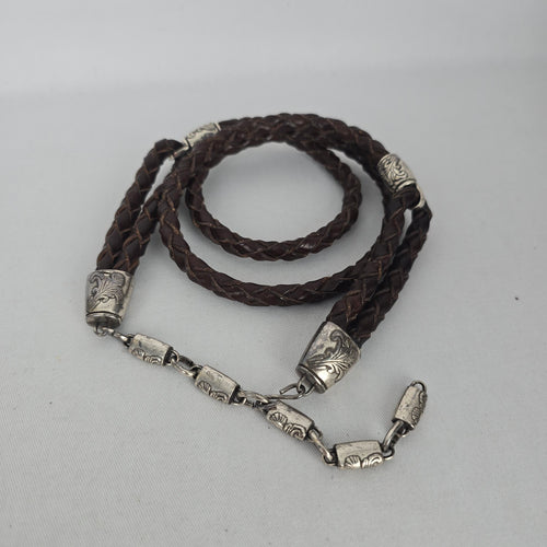 Brown Braided Genuine Leather Belt with Silver-Tone Floral Caps and Chain Size M