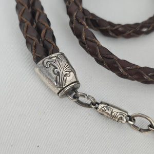 Brown Braided Genuine Leather Belt with Silver-Tone Floral Caps and Chain Size M