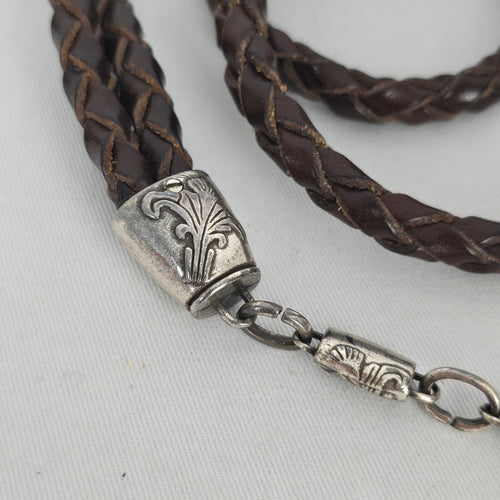 Brown Braided Genuine Leather Belt with Silver-Tone Floral Caps and Chain Size M