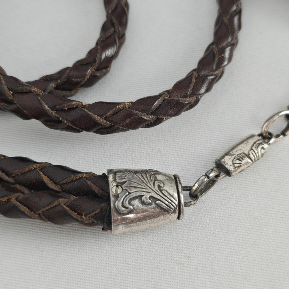 Brown Braided Genuine Leather Belt with Silver-Tone Floral Caps and Chain Size M