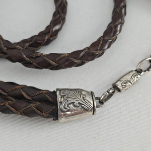 Brown Braided Genuine Leather Belt with Silver-Tone Floral Caps and Chain Size M