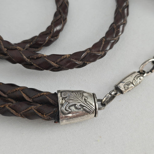 Brown Braided Genuine Leather Belt with Silver-Tone Floral Caps and Chain Size M