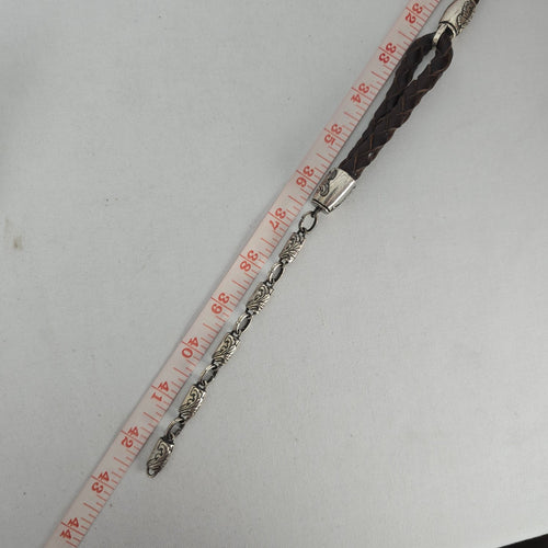 Brown Braided Genuine Leather Belt with Silver-Tone Floral Caps and Chain Size M