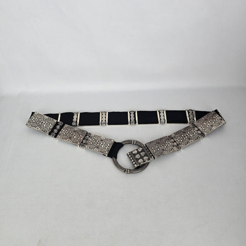 Chico’s Black Stretch Belt with Silver-Tone Ornate Metal Plates Size S/M