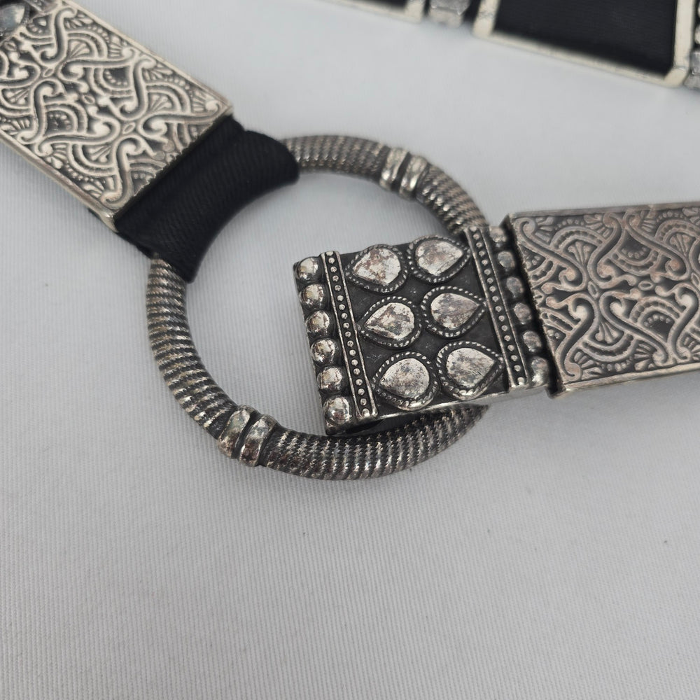 Chico’s Black Stretch Belt with Silver-Tone Ornate Metal Plates Size S/M