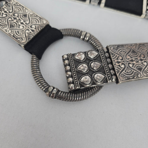 Chico’s Black Stretch Belt with Silver-Tone Ornate Metal Plates Size S/M