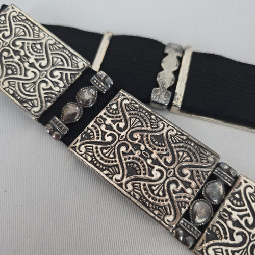 Chico’s Black Stretch Belt with Silver-Tone Ornate Metal Plates Size S/M