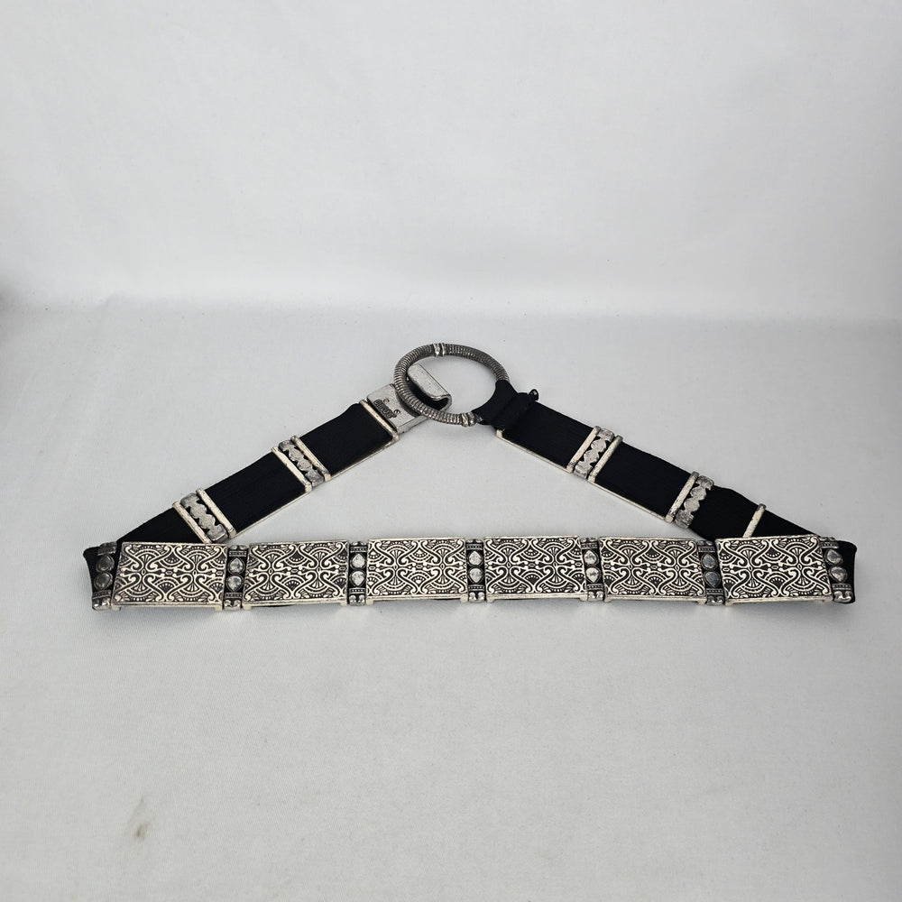 Chico’s Black Stretch Belt with Silver-Tone Ornate Metal Plates Size S/M