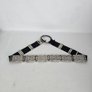 Chico’s Black Stretch Belt with Silver-Tone Ornate Metal Plates Size S/M