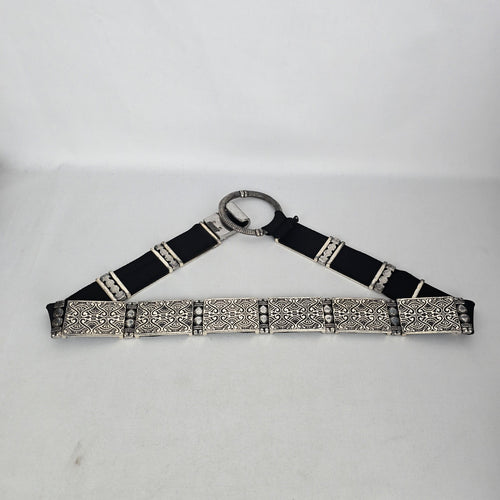 Chico’s Black Stretch Belt with Silver-Tone Ornate Metal Plates Size S/M