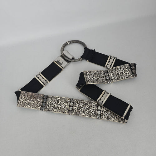 Chico’s Black Stretch Belt with Silver-Tone Ornate Metal Plates Size S/M