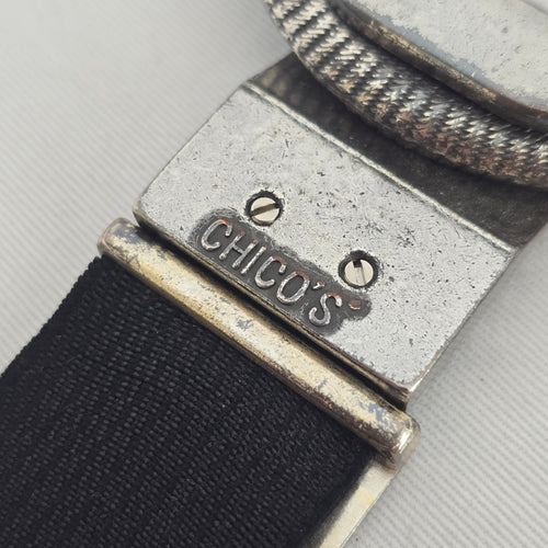 Chico’s Black Stretch Belt with Silver-Tone Ornate Metal Plates Size S/M