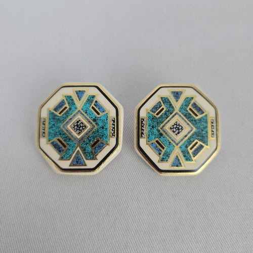 Vintage Southwest Ceramic Geometric Octagon Stud Earrings