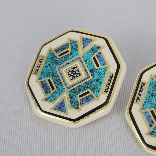 Vintage Southwest Ceramic Geometric Octagon Stud Earrings