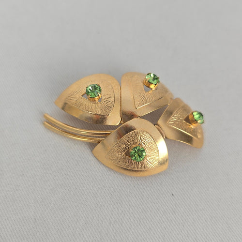 Vintage Gold-Tone Floral Green Rhinestone Brooch Pin