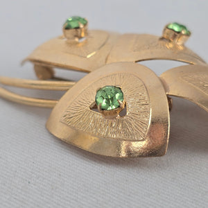 Vintage Gold-Tone Floral Green Rhinestone Brooch Pin