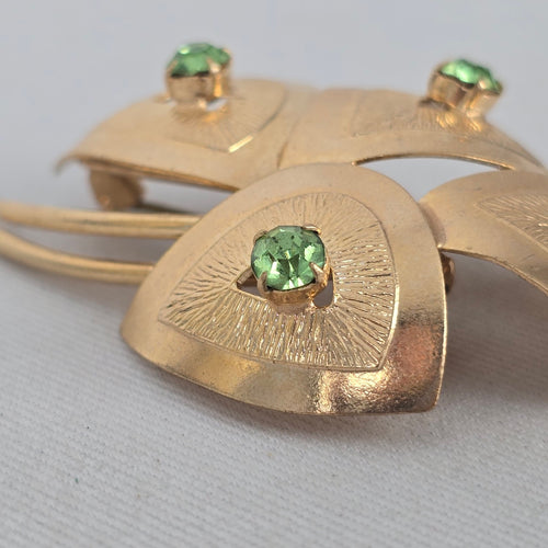 Vintage Gold-Tone Floral Green Rhinestone Brooch Pin