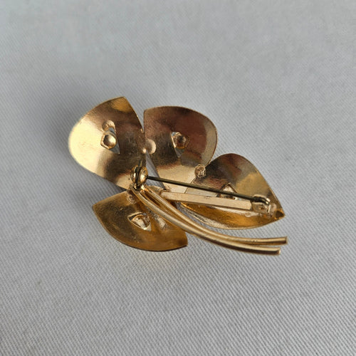 Vintage Gold-Tone Floral Green Rhinestone Brooch Pin
