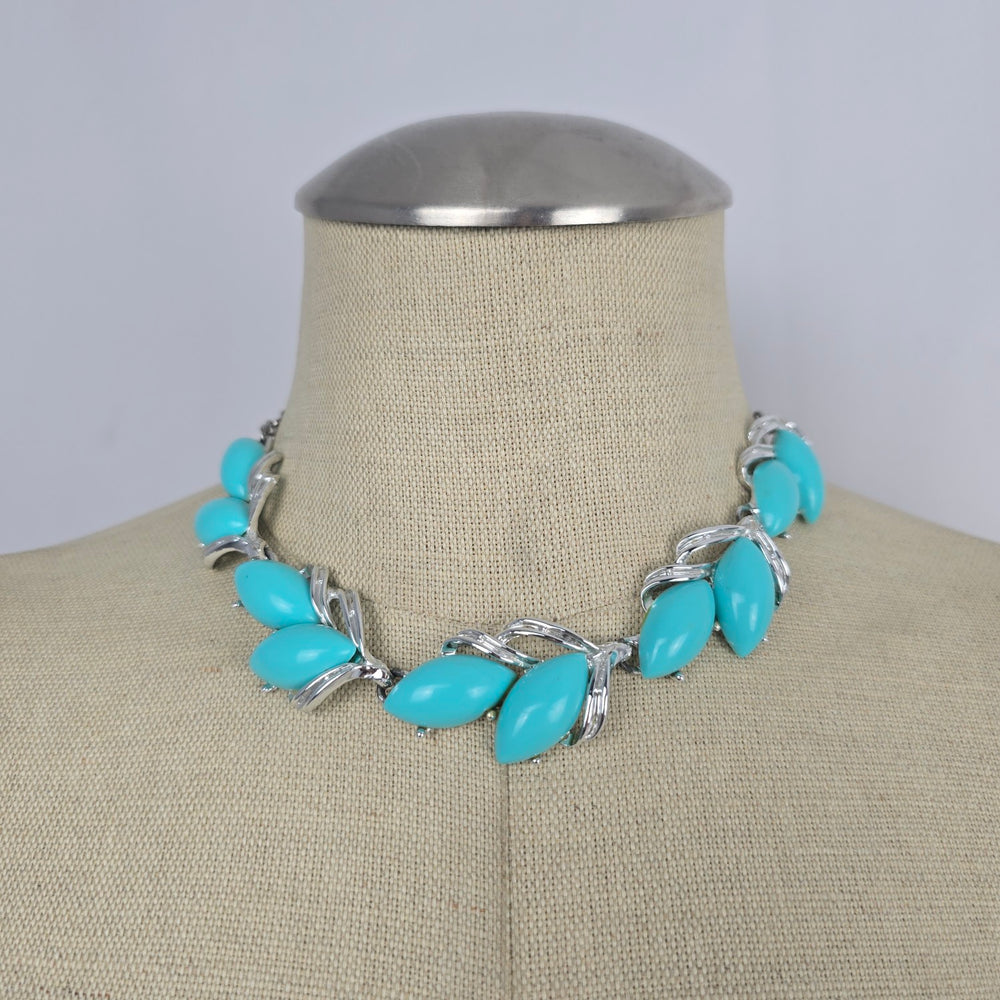 Vintage Silver-Tone Turquoise Navette Necklace and Clip-On Earring Set