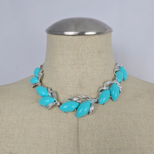 Vintage Silver-Tone Turquoise Navette Necklace and Clip-On Earring Set