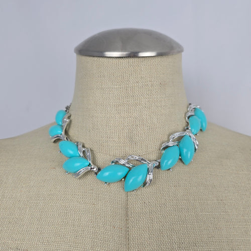 Vintage Silver-Tone Turquoise Navette Necklace and Clip-On Earring Set
