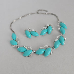 Vintage Silver-Tone Turquoise Navette Necklace and Clip-On Earring Set