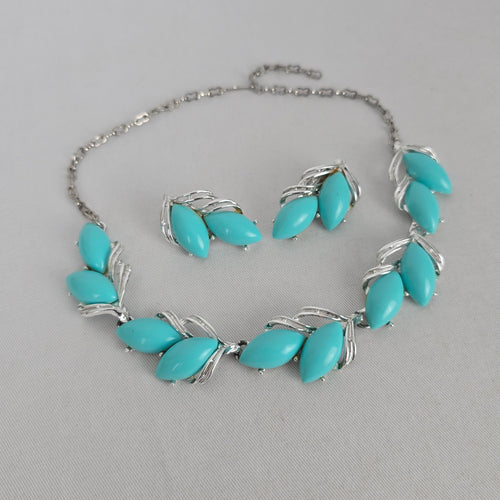 Vintage Silver-Tone Turquoise Navette Necklace and Clip-On Earring Set