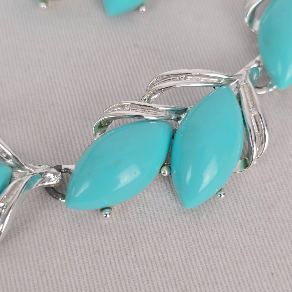 Vintage Silver-Tone Turquoise Navette Necklace and Clip-On Earring Set