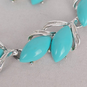 Vintage Silver-Tone Turquoise Navette Necklace and Clip-On Earring Set