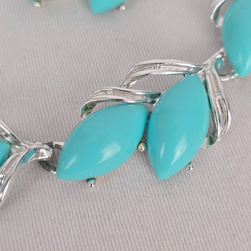Vintage Silver-Tone Turquoise Navette Necklace and Clip-On Earring Set