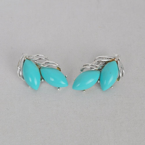 Vintage Silver-Tone Turquoise Navette Necklace and Clip-On Earring Set