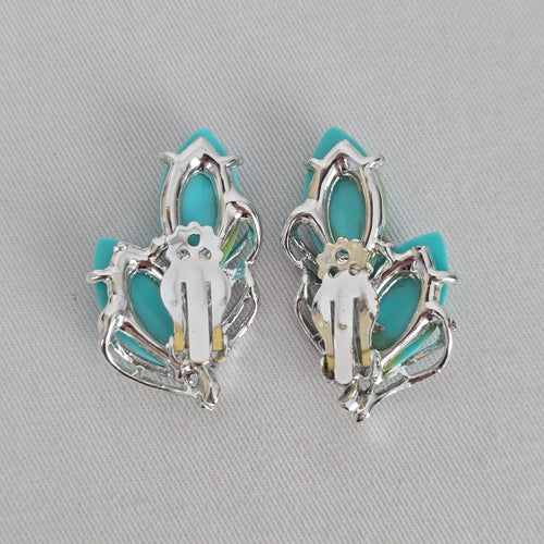 Vintage Silver-Tone Turquoise Navette Necklace and Clip-On Earring Set