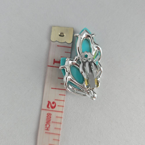 Vintage Silver-Tone Turquoise Navette Necklace and Clip-On Earring Set
