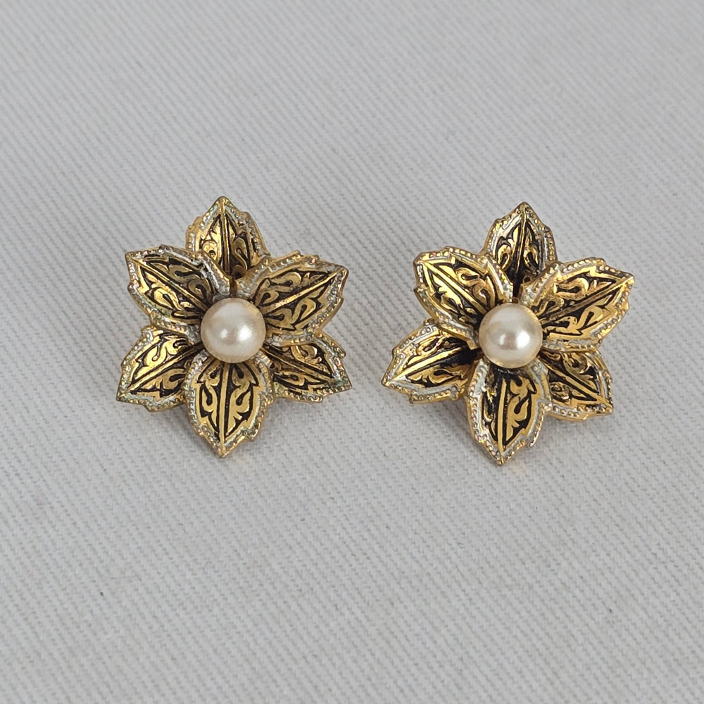 Vintage Spanish Damascene Style Gold & Black Flower Clip Earrings with Faux Pearl Centers