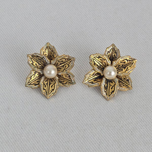 Vintage Spanish Damascene Style Gold & Black Flower Clip Earrings with Faux Pearl Centers