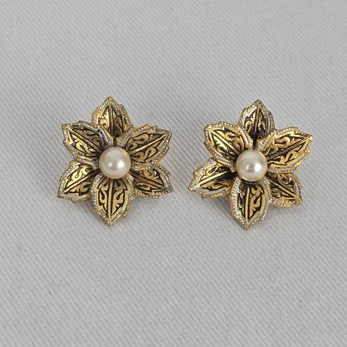 Vintage Spanish Damascene Style Gold & Black Flower Clip Earrings with Faux Pearl Centers
