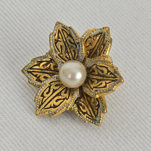 Vintage Spanish Damascene Style Gold & Black Flower Clip Earrings with Faux Pearl Centers