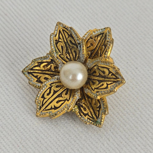 Vintage Spanish Damascene Style Gold & Black Flower Clip Earrings with Faux Pearl Centers