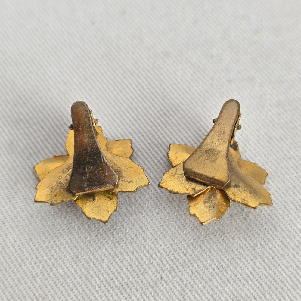 Vintage Spanish Damascene Style Gold & Black Flower Clip Earrings with Faux Pearl Centers