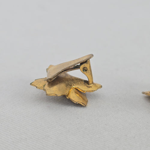 Vintage Spanish Damascene Style Gold & Black Flower Clip Earrings with Faux Pearl Centers