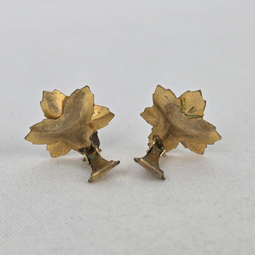 Vintage Spanish Damascene Style Gold & Black Flower Clip Earrings with Faux Pearl Centers