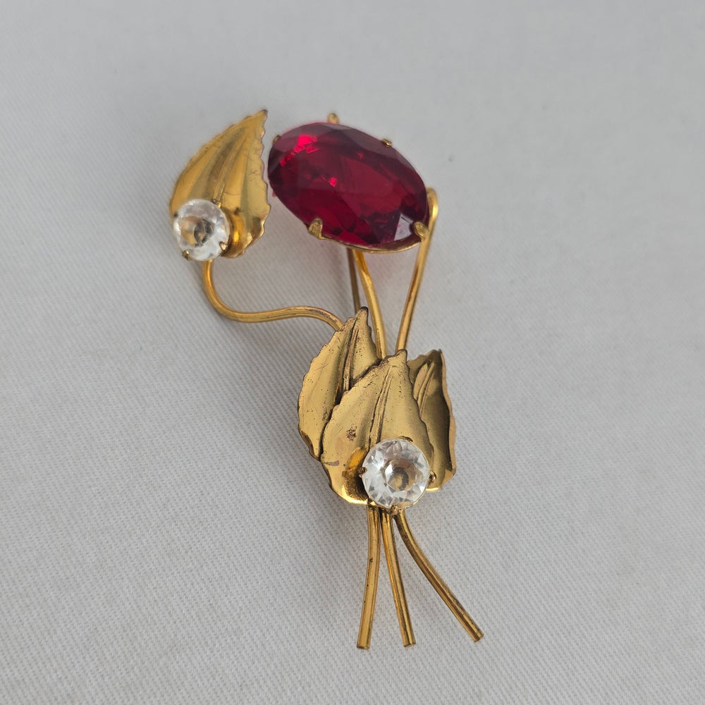 Vintage Gold-Tone Floral Brooch with Red Oval Stone